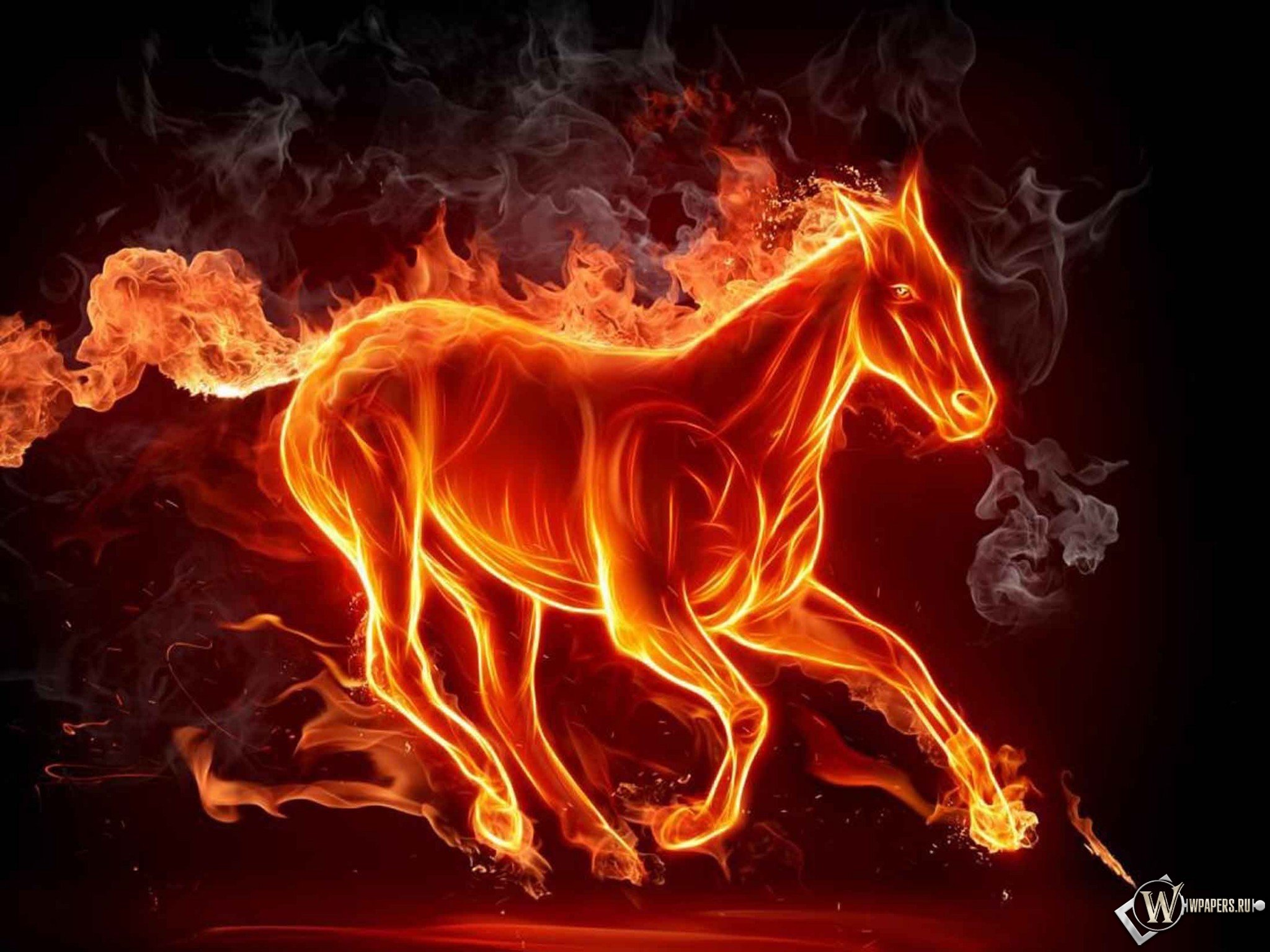 Скачать обои огонь, конь, дым, темный фон, фото, обои, изображение
