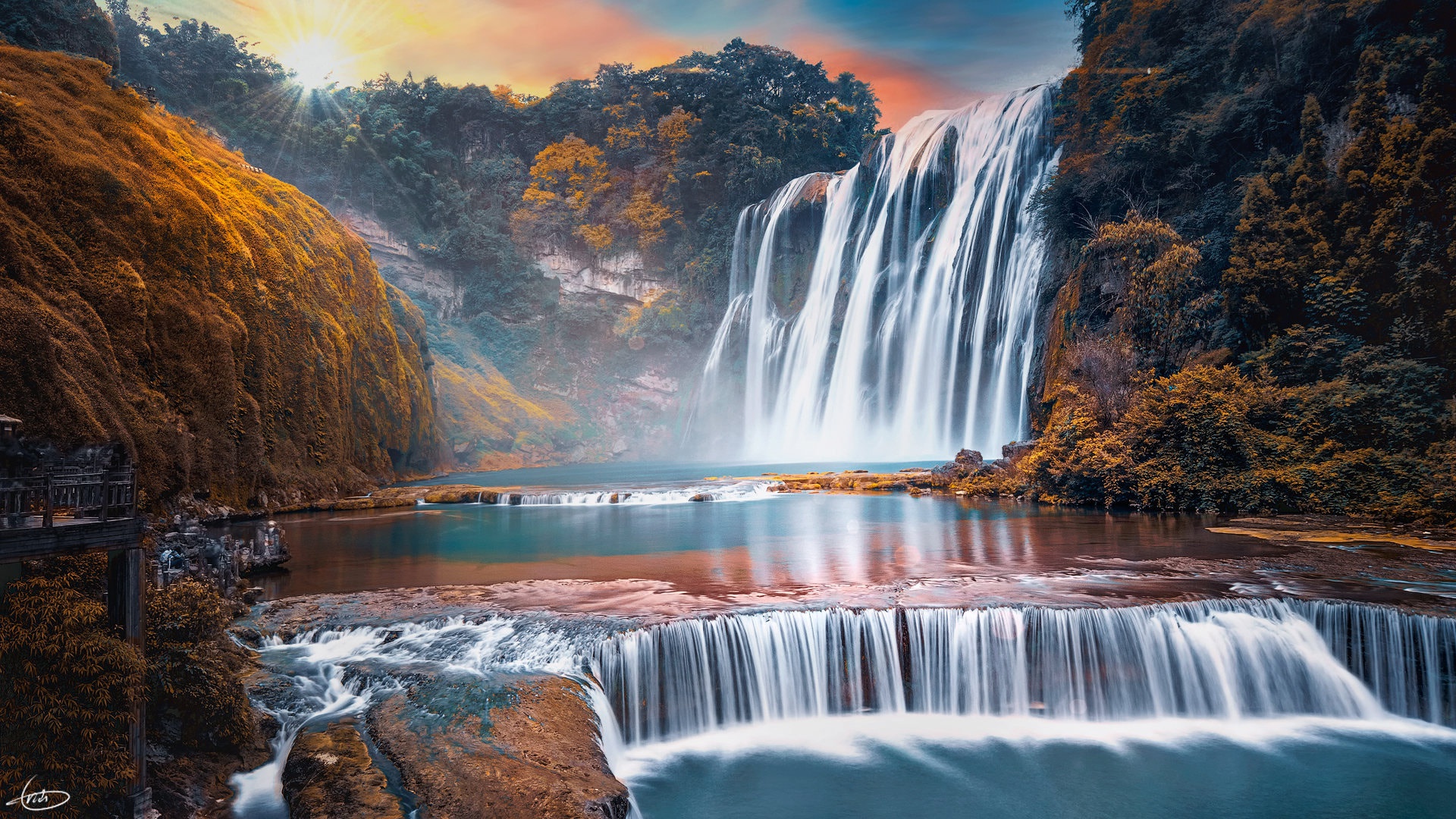 Waterfall Sunset Background Wallpaper