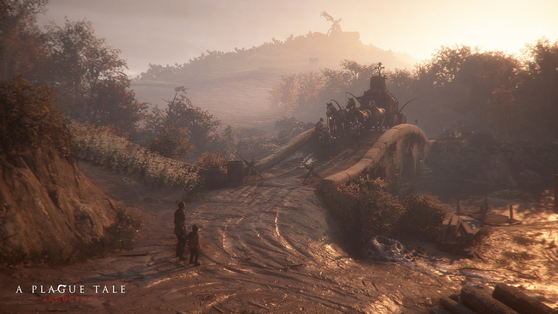 HD desktop wallpaper from A Plague Tale: Innocence showing characters amidst a somber, medieval landscape.