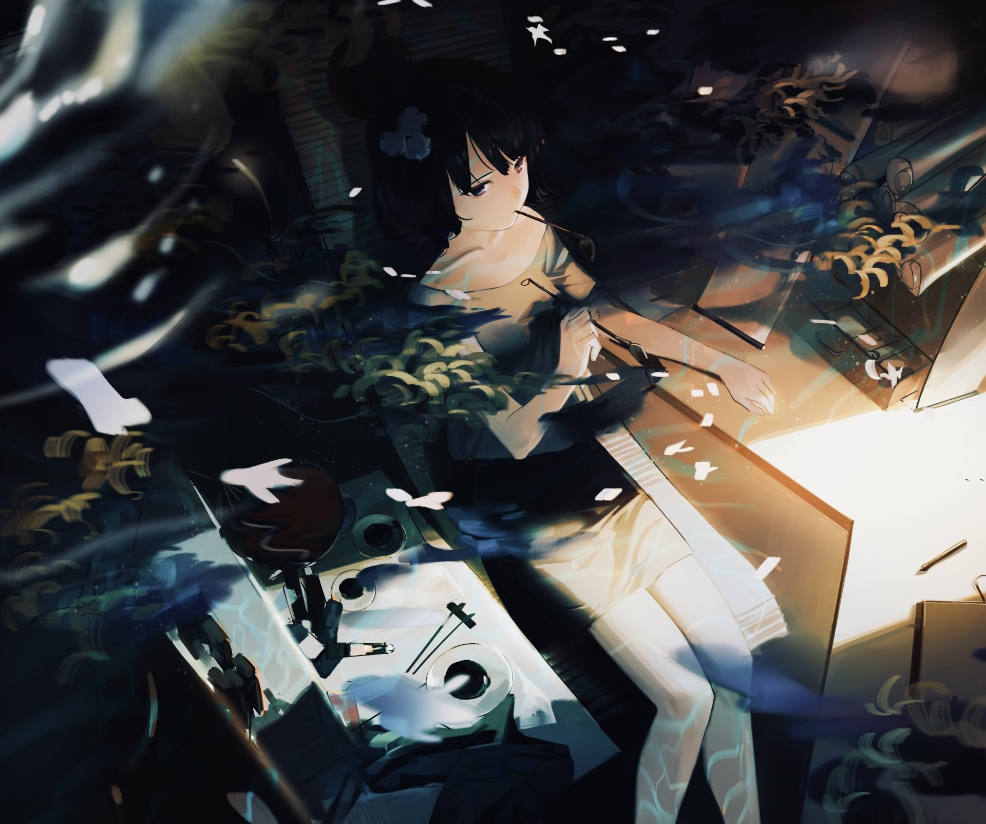 HD anime desktop wallpaper featuring an original character relaxing in a dimly lit, abstract anime room with soft lighting and dynamic shadows.