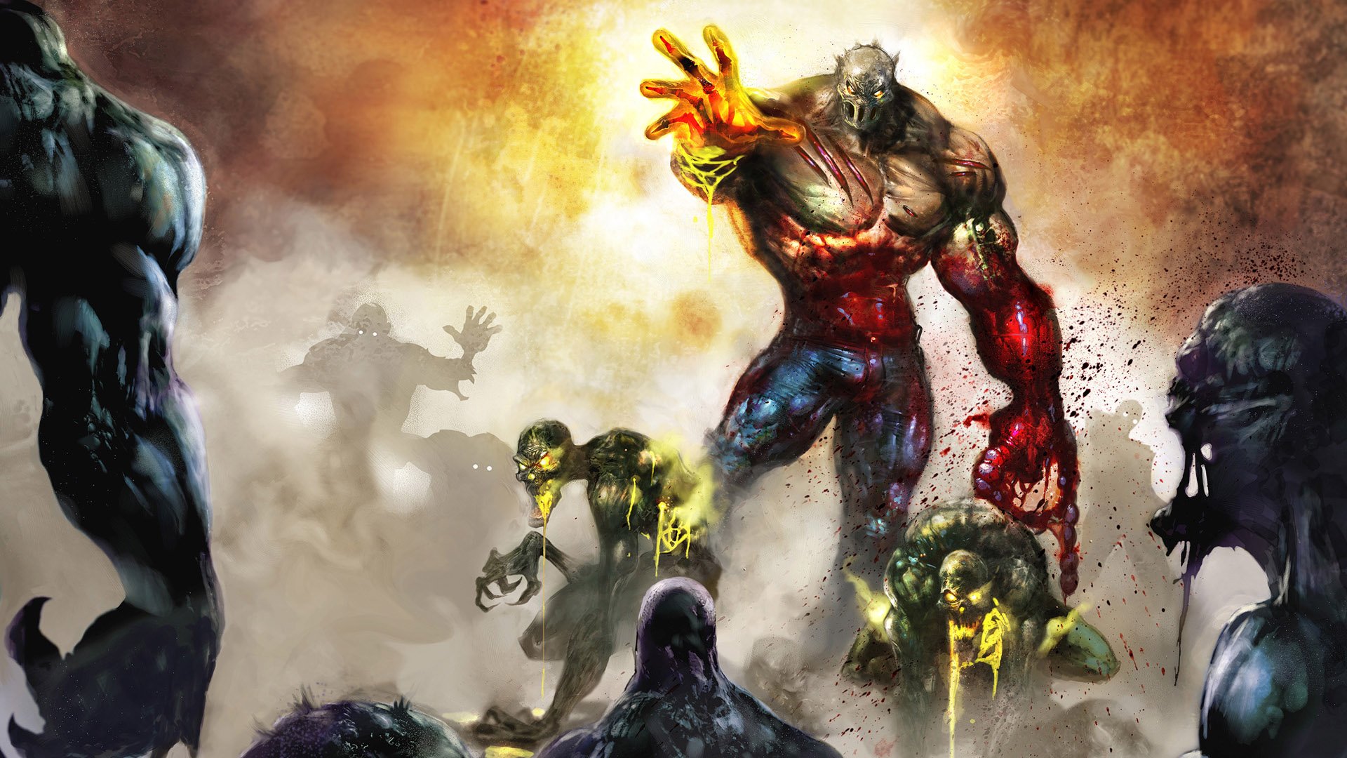 HD PC desktop wallpaper featuring intense horror-themed characters from the video game Splatterhouse amid a fiery, chaotic background.