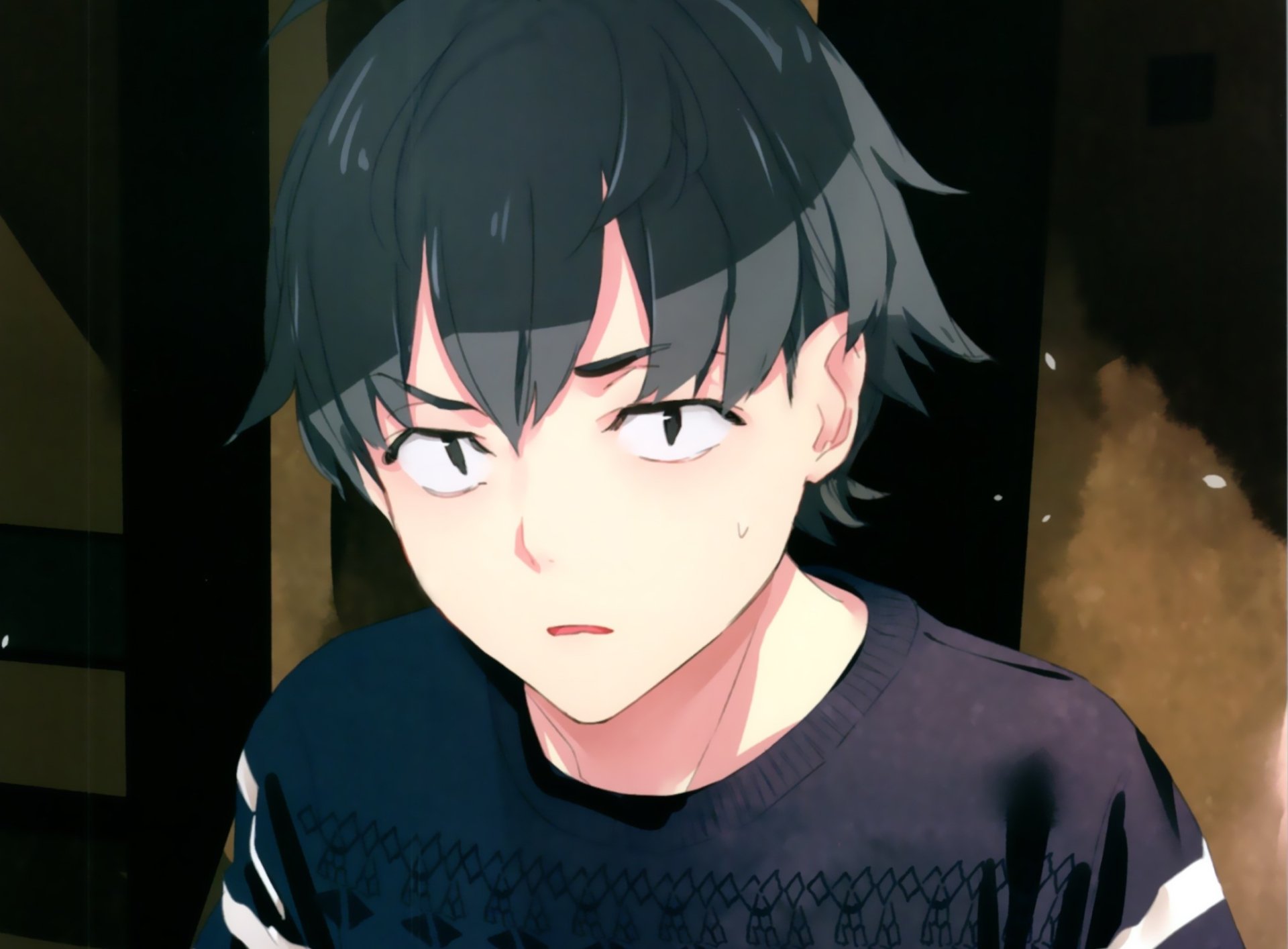 HD PC desktop wallpaper featuring Hachiman Hikigaya from the anime My Teen Romantic Comedy SNAFU with a serious expression against a dark background.