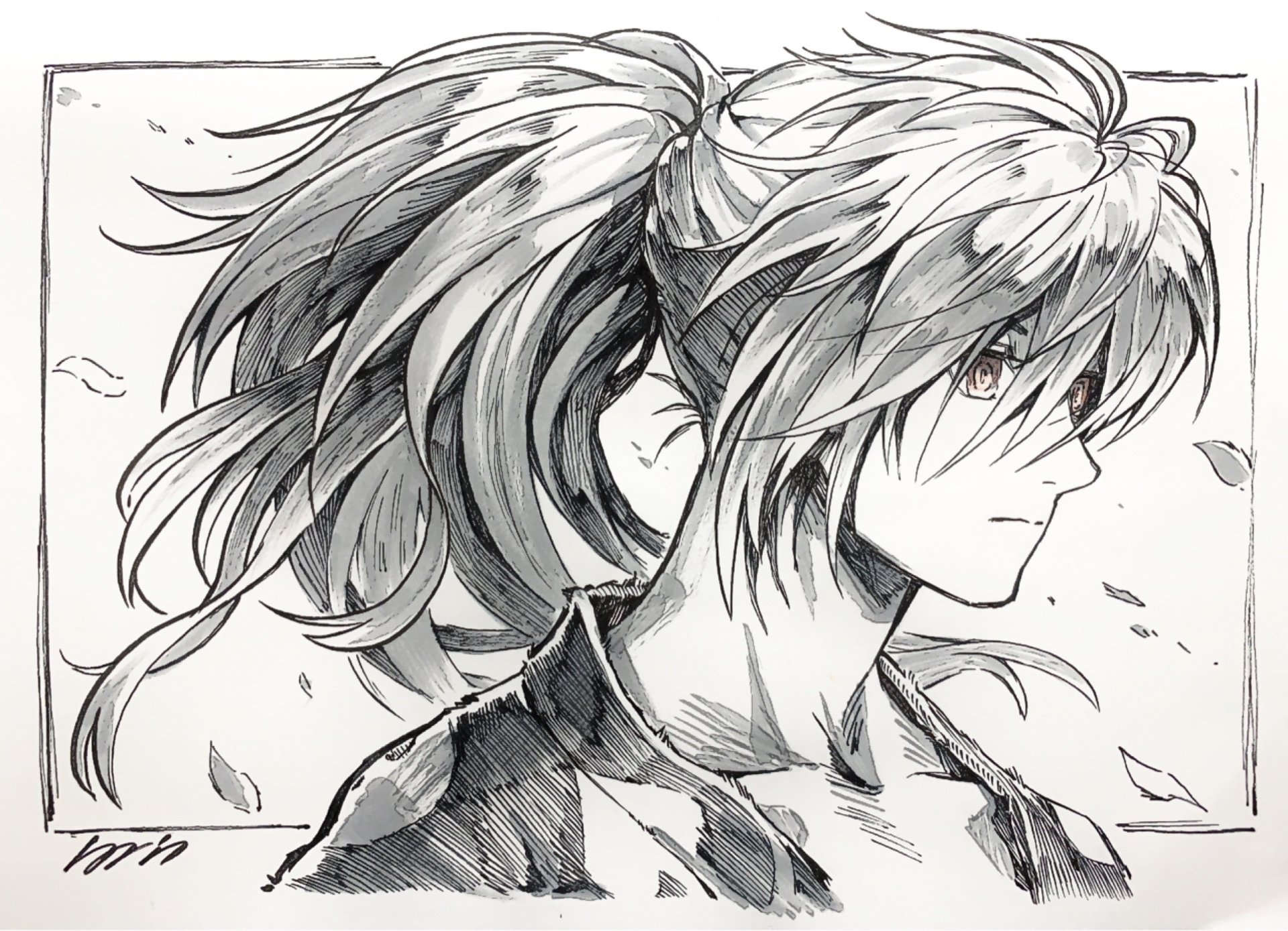 Black and white sketch of Hyakkimaru from the anime Dororo, featuring detailed hair and a contemplative expression, designed as an HD PC desktop wallpaper background.