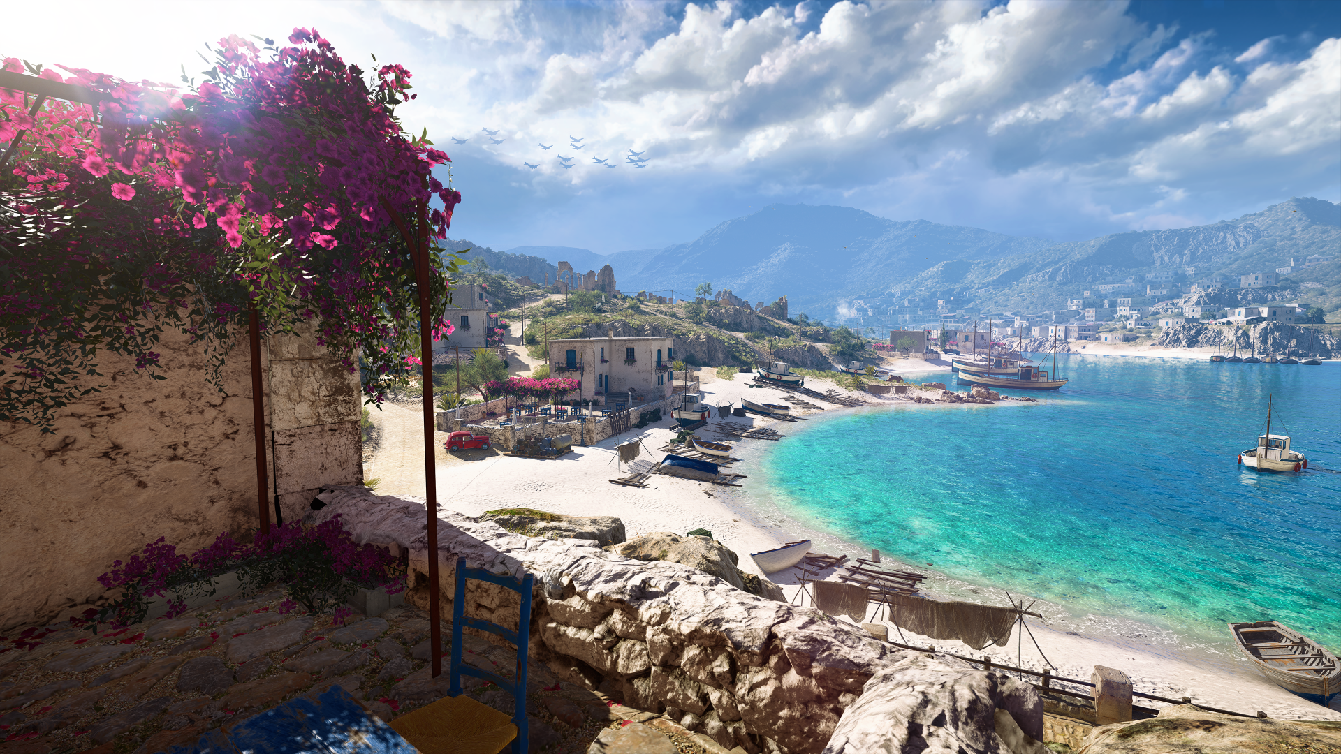 4K Ultra HD Battlefield V PC desktop wallpaper featuring a bright coastal village with crystal-clear turquoise waters under a partly cloudy sky.