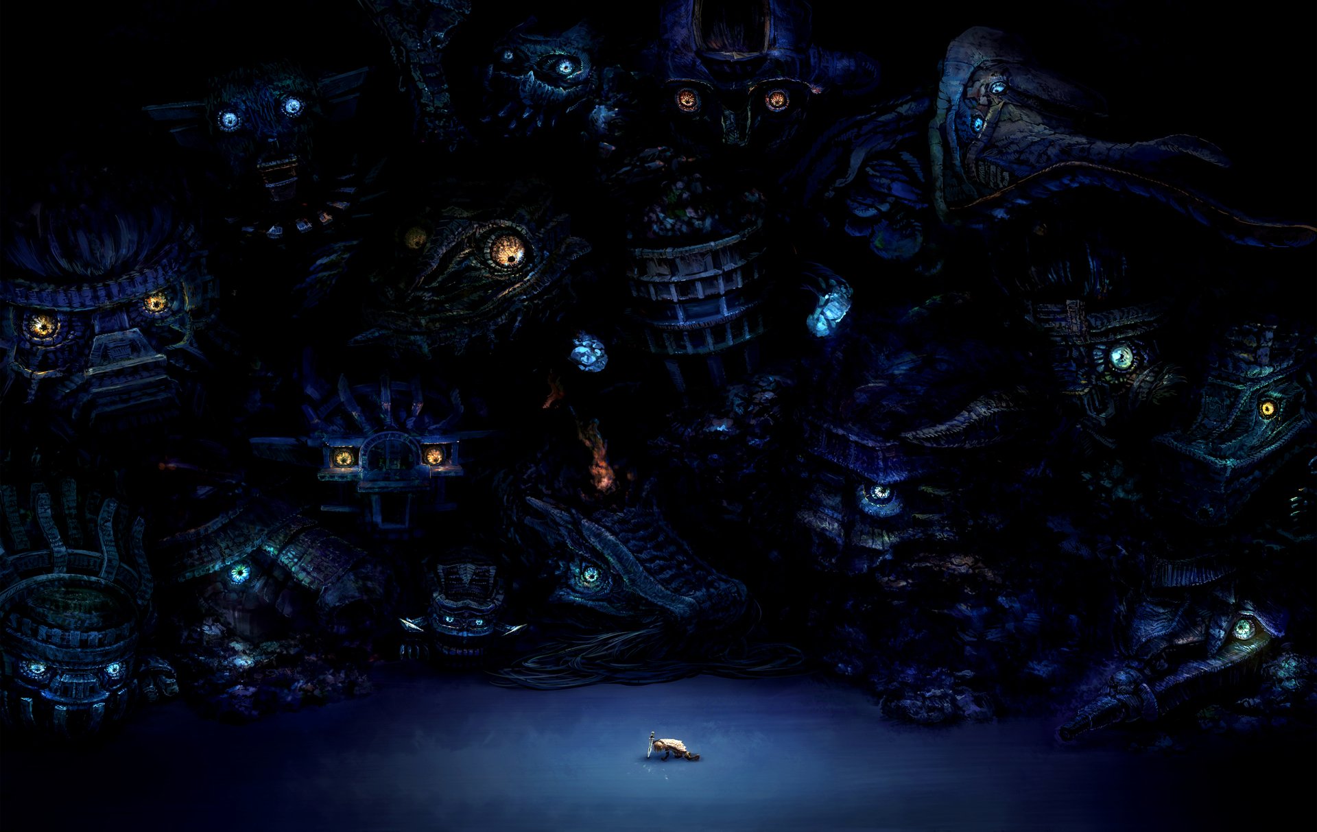 HD PC desktop wallpaper featuring dark, towering colossi from the video game Shadow of the Colossus surrounding a small lone figure in a vast, mysterious environment.