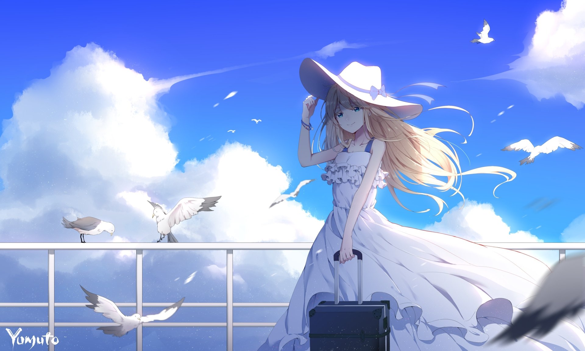 Anime girl with long blonde hair and blue eyes wearing a white dress and hat stands on a railing, holding a suitcase as seagulls fly against a bright blue sky with clouds.