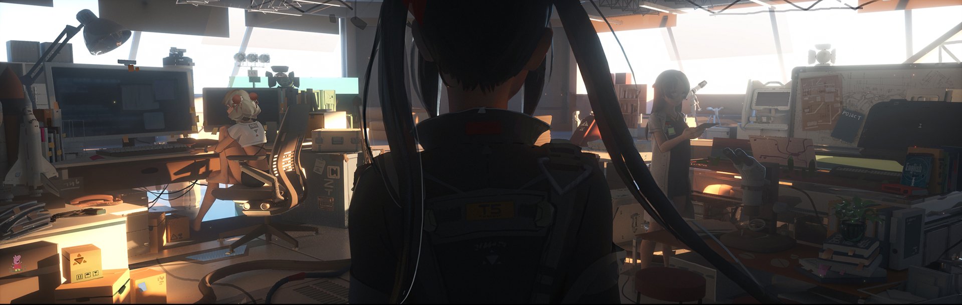 HD desktop wallpaper featuring an anime-style original character standing in a cluttered room with soft lighting. Other characters and various items can be seen in the background.