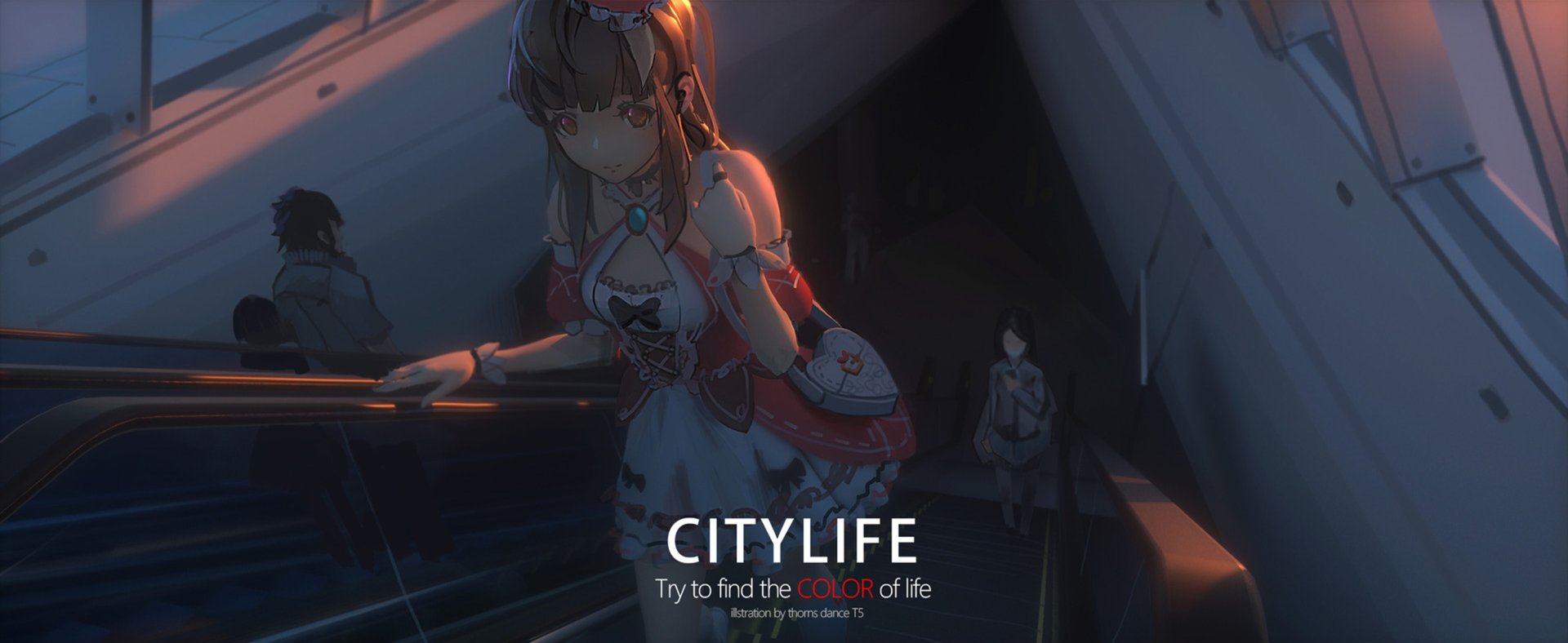 HD anime city wallpaper featuring a girl on an escalator, capturing a moody urban atmosphere in an original anime city setting.