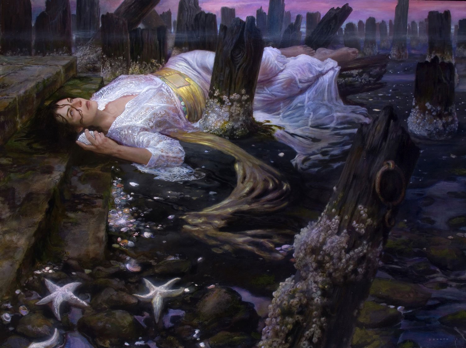 Fantasy-themed HD PC desktop wallpaper depicting a serene woman with a mermaid tail resting underwater among wooden posts and starfish.