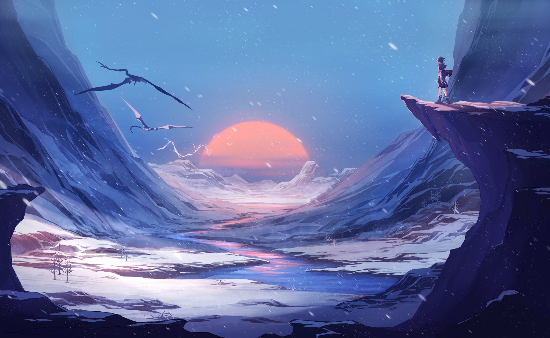 Anime-style HD desktop wallpaper depicting a serene landscape with a large setting sun, vibrant skies, and a solitary figure on a cliff.