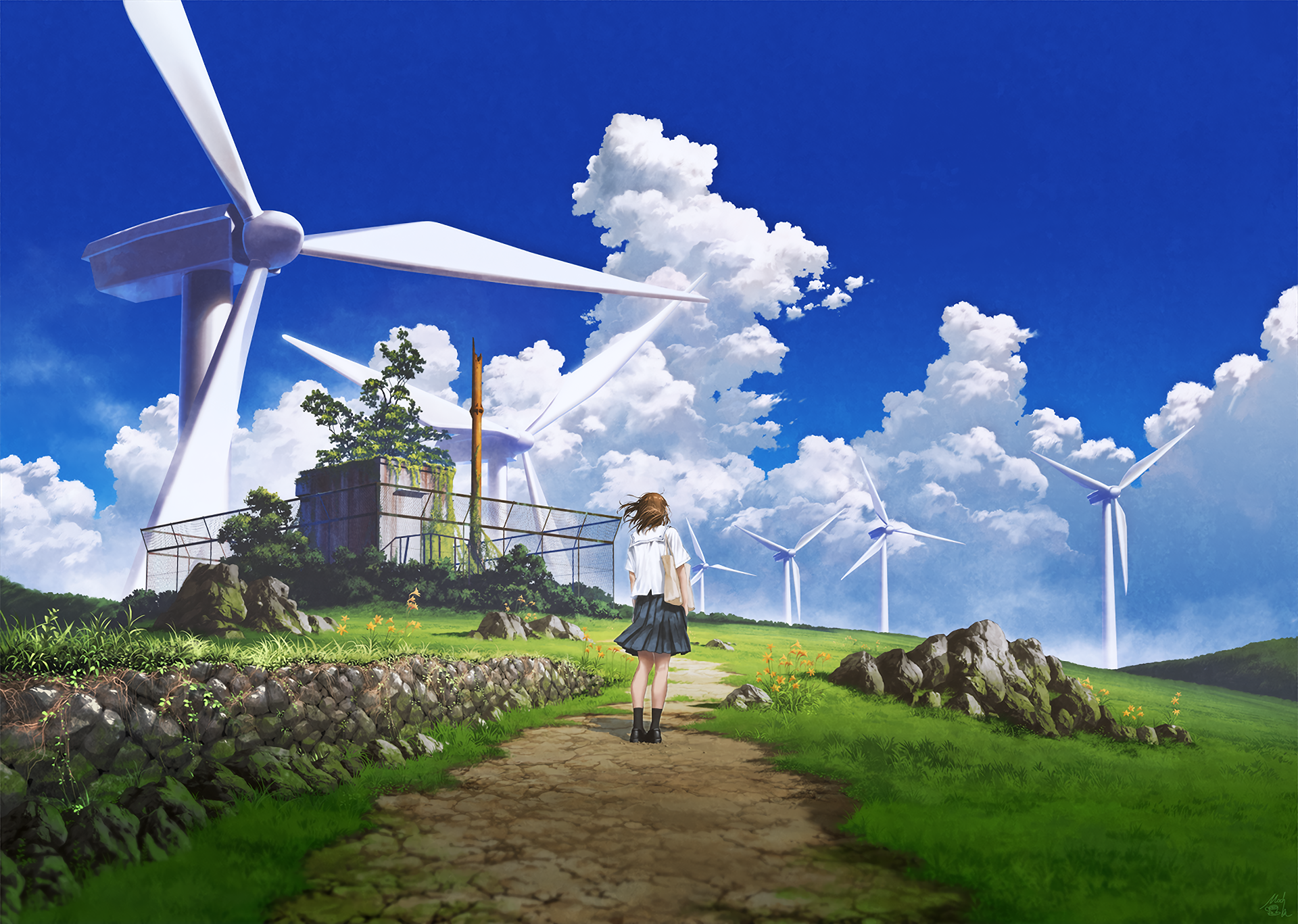 An anime-style image featuring a girl in a school uniform walking on a path with wind turbines and a vibrant blue sky filled with clouds in the background. HD desktop wallpaper and background.