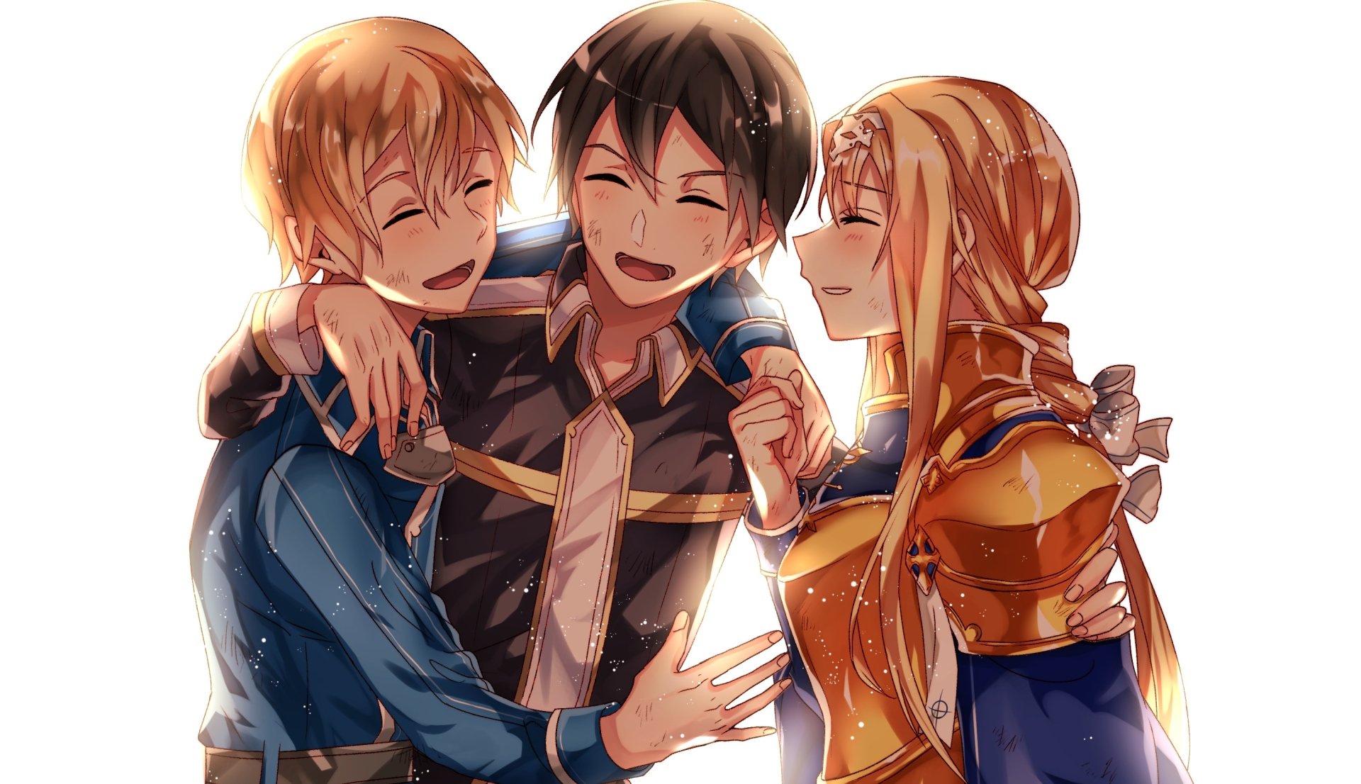HD desktop wallpaper featuring Eugeo, Kirito, and Alice Zuberg from Sword Art Online: Alicization, smiling and sharing a joyful moment together. Anime style with vibrant colors and fine details in armor.
