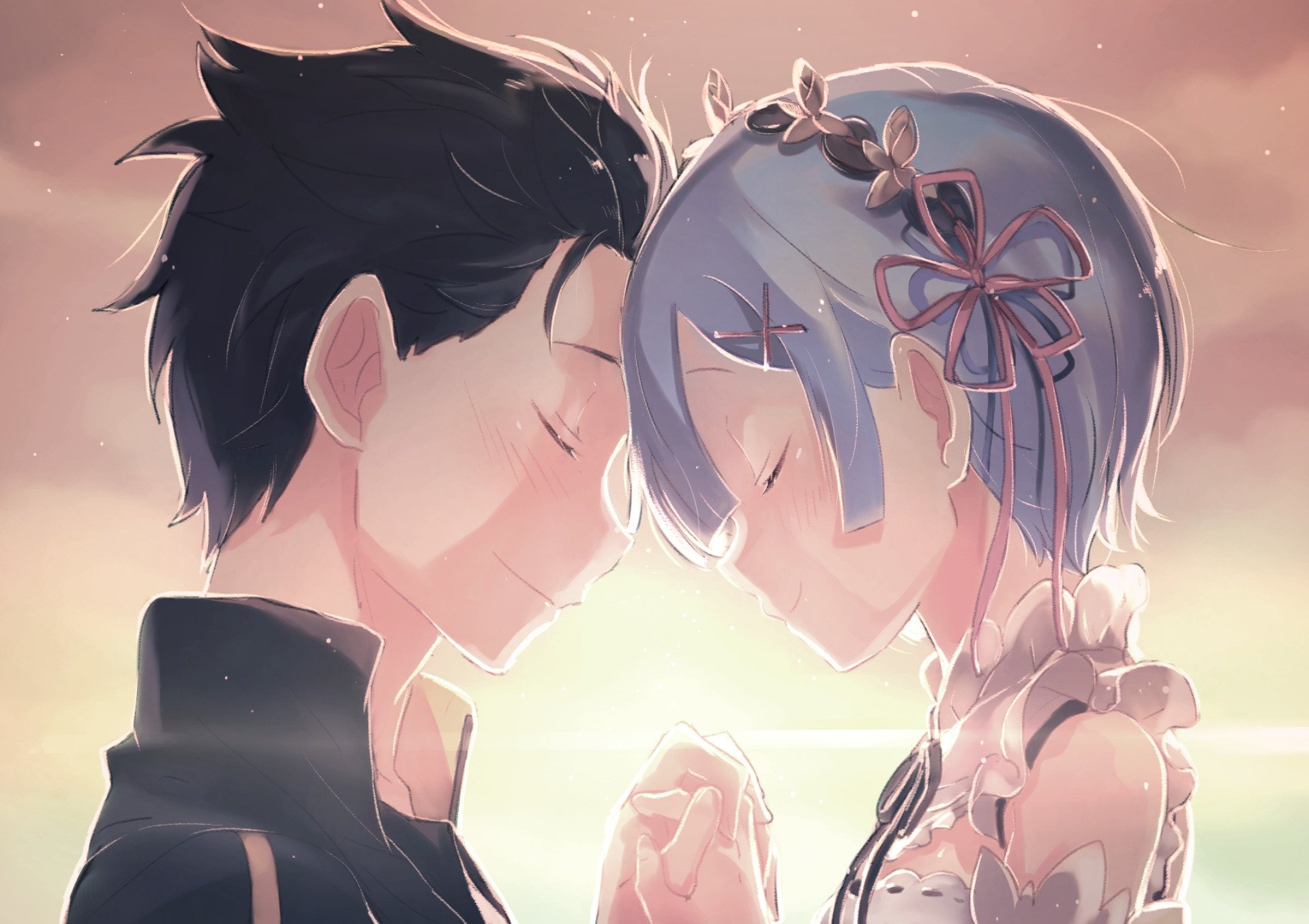 HD desktop wallpaper featuring Rem and Subaru Natsuki from the anime Re:ZERO -Starting Life in Another World- in a close, emotional moment.