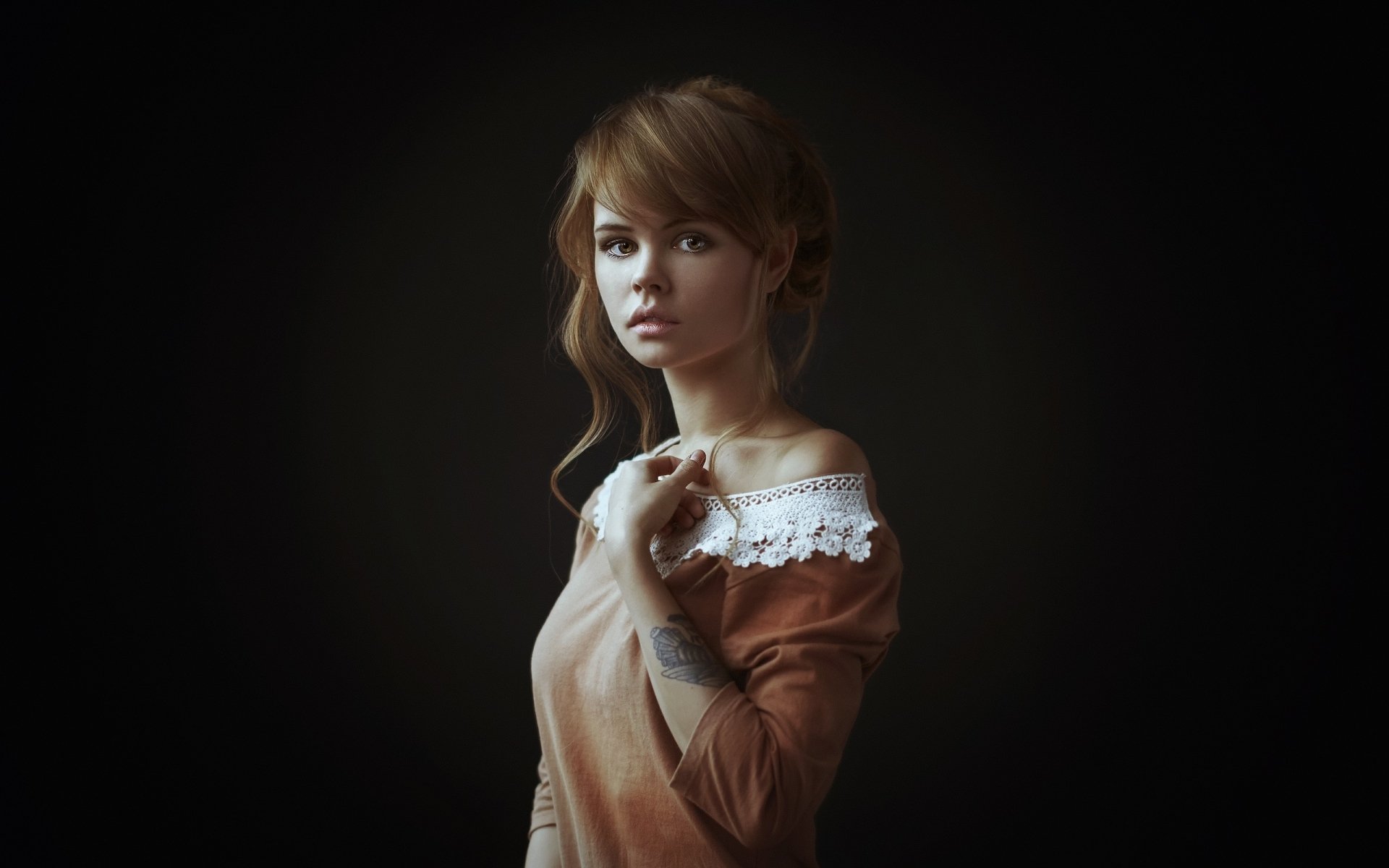 Portrait of Russian model Anastasiya Scheglova against a dark background, featured as an HD PC desktop wallpaper and background.