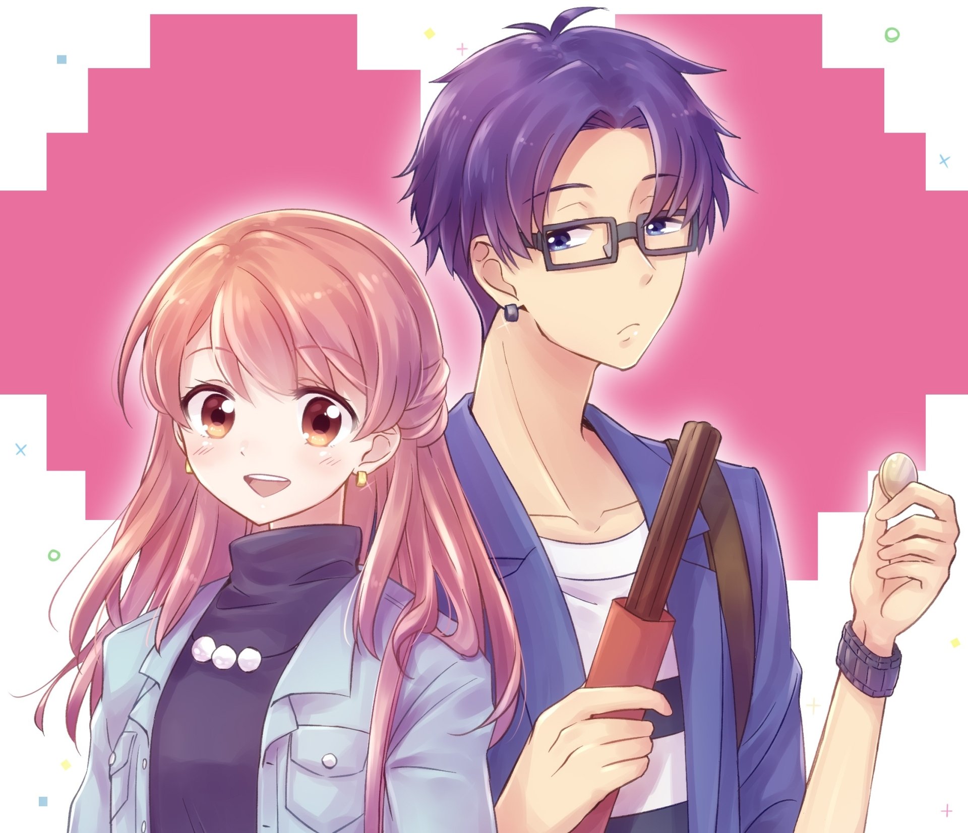 HD anime wallpaper of Narumi Momose and Hirotaka Nifuji from Wotaku ni Koi wa Muzukashii — Narumi smiling with pink hair, Hirotaka in glasses holding a bag strap against a pink background.