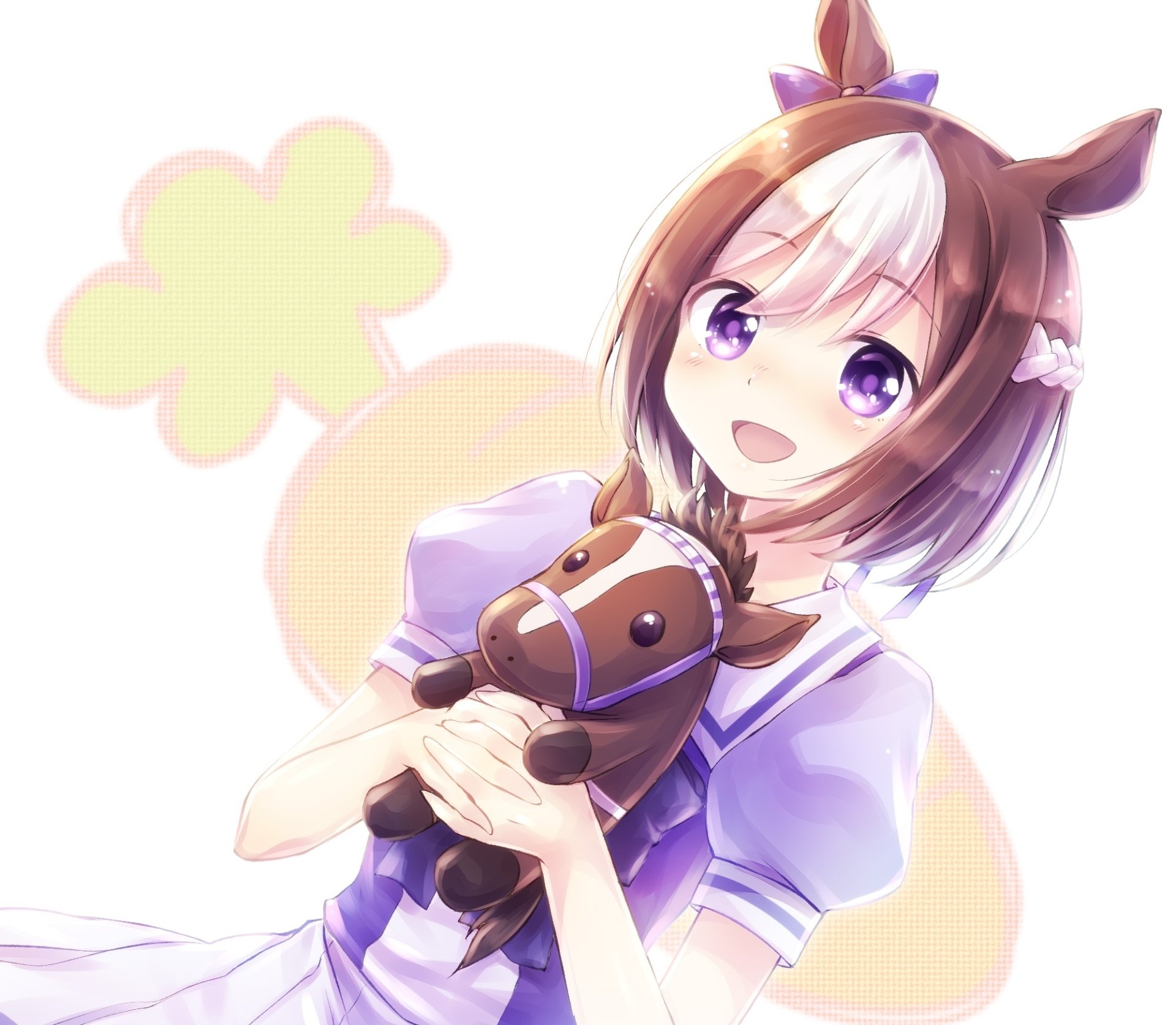 HD anime desktop wallpaper featuring Special Week from Uma Musume: Pretty Derby, smiling and holding a toy horse against a soft pastel background.