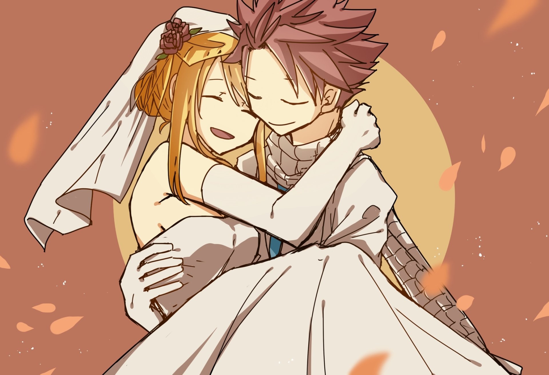 Lucy Heartfilia and Natsu Dragneel from the Fairy Tail anime embrace in wedding attire against a warm sunset with falling petals — HD PC desktop wallpaper background.