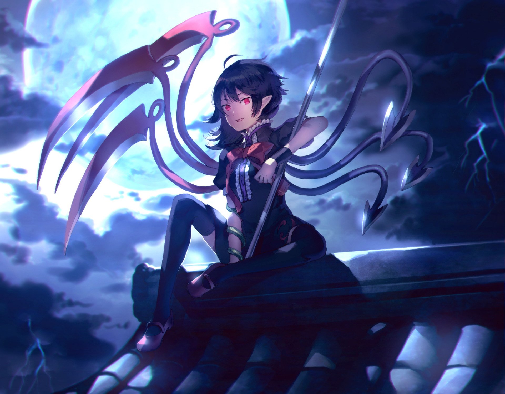 HD PC desktop wallpaper of Nue Houjuu from the anime Touhou, featuring her sitting with a glowing moon and lightning-filled night sky in the background.