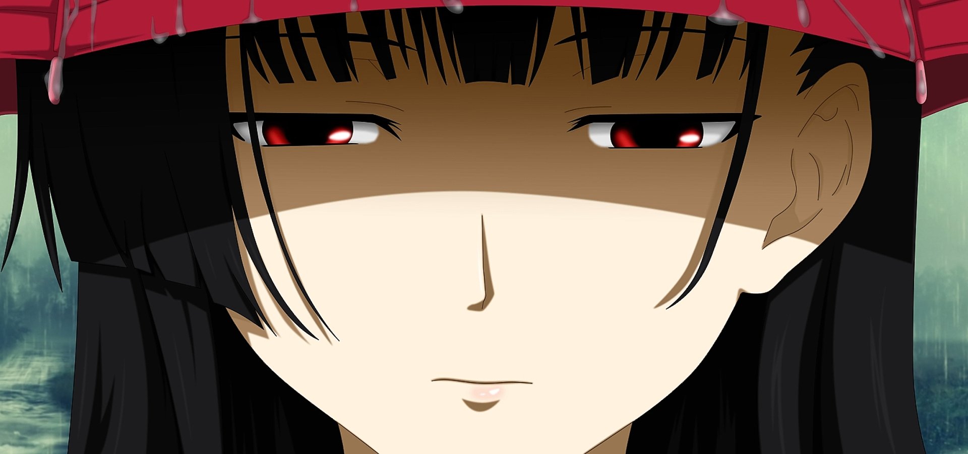 HD PC desktop anime wallpaper of Rea Sanka (Sankarea): close-up pale face framed by dark bangs, narrow red eyes and a faint neutral expression beneath a red hat.