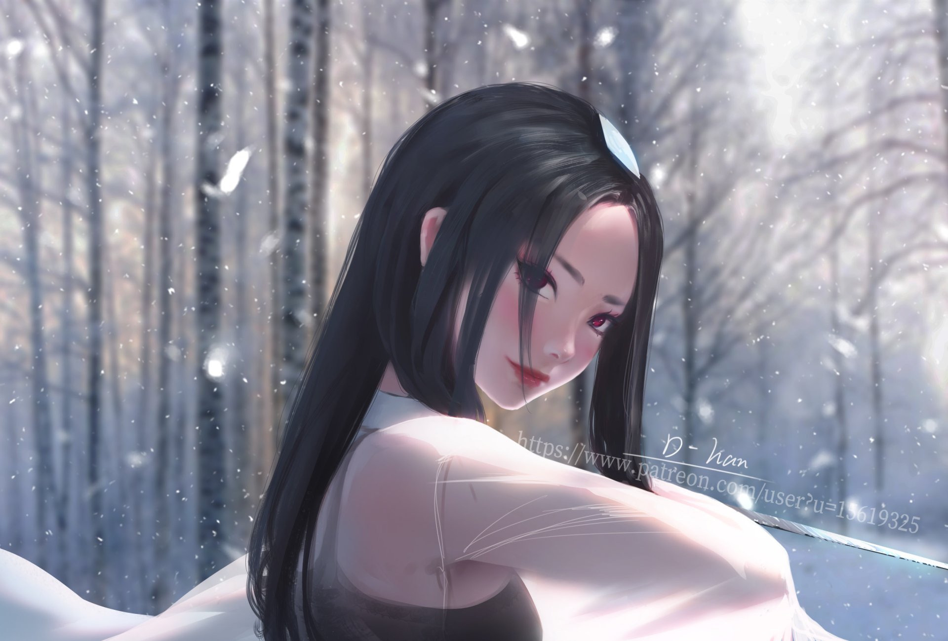 HD anime desktop wallpaper featuring an original character with long dark hair, softly smiling in a snowy forest background, capturing a serene winter atmosphere.