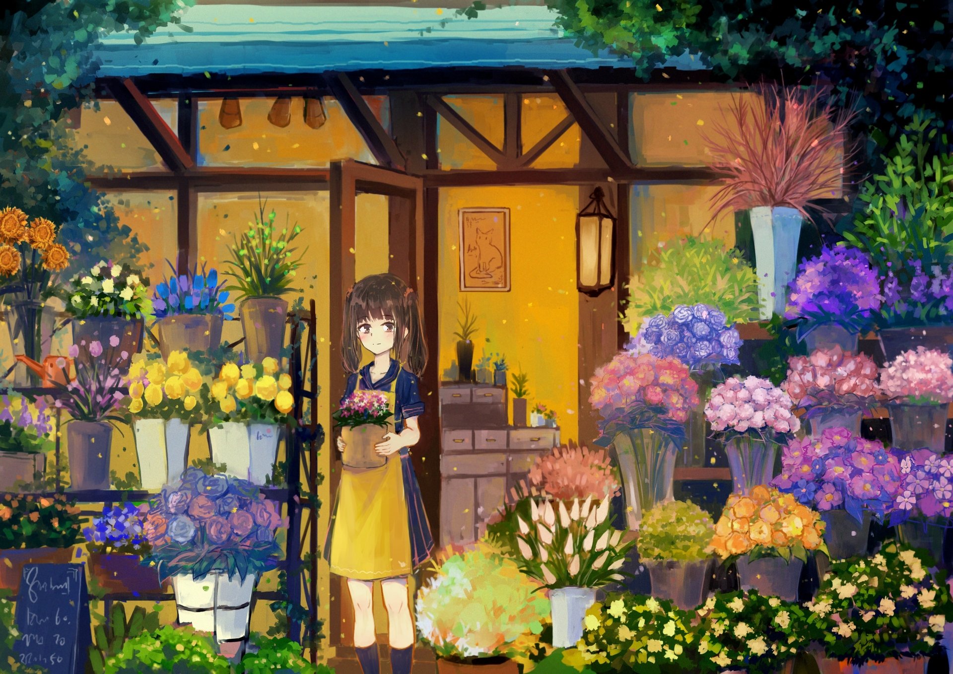 Anime-style HD desktop wallpaper featuring a young girl standing in front of a cozy flower shop surrounded by vibrant, colorful blooms.