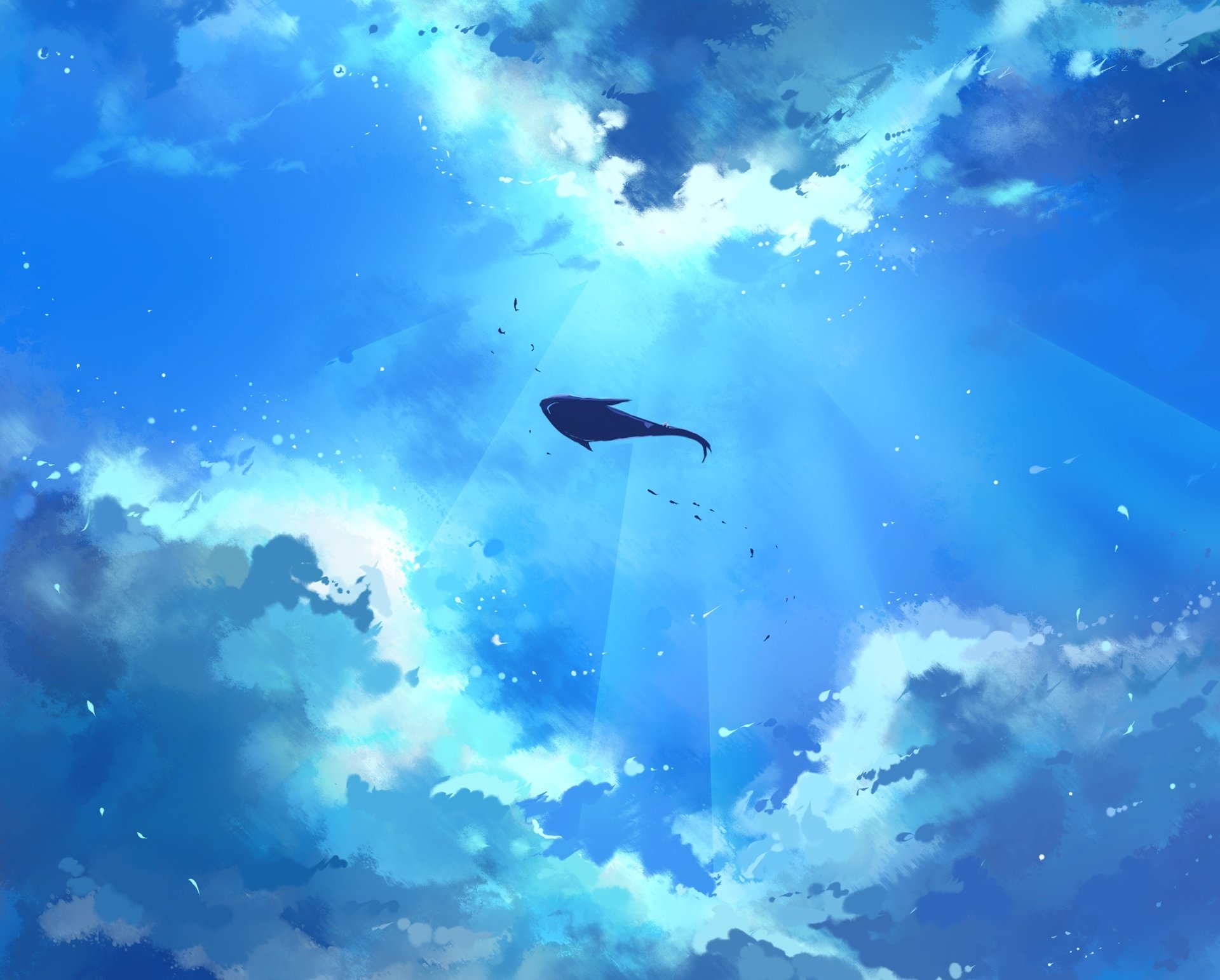 A serene anime-inspired HD desktop wallpaper featuring a silhouette of a fish swimming through vibrant blue skies, illuminated by soft rays of sunlight and surrounded by fluffy clouds.