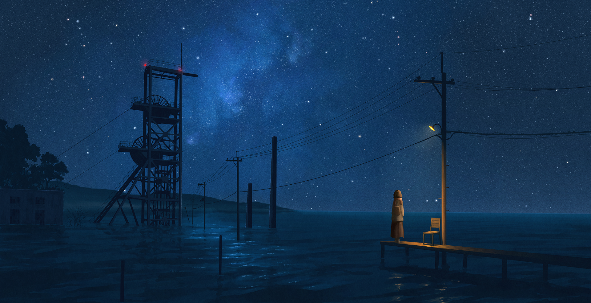 Anime-style HD wallpaper depicting a serene night scene by the ocean, with a lone figure standing on a pier under a lamppost, surrounded by majestic stars and a tower in the distance.