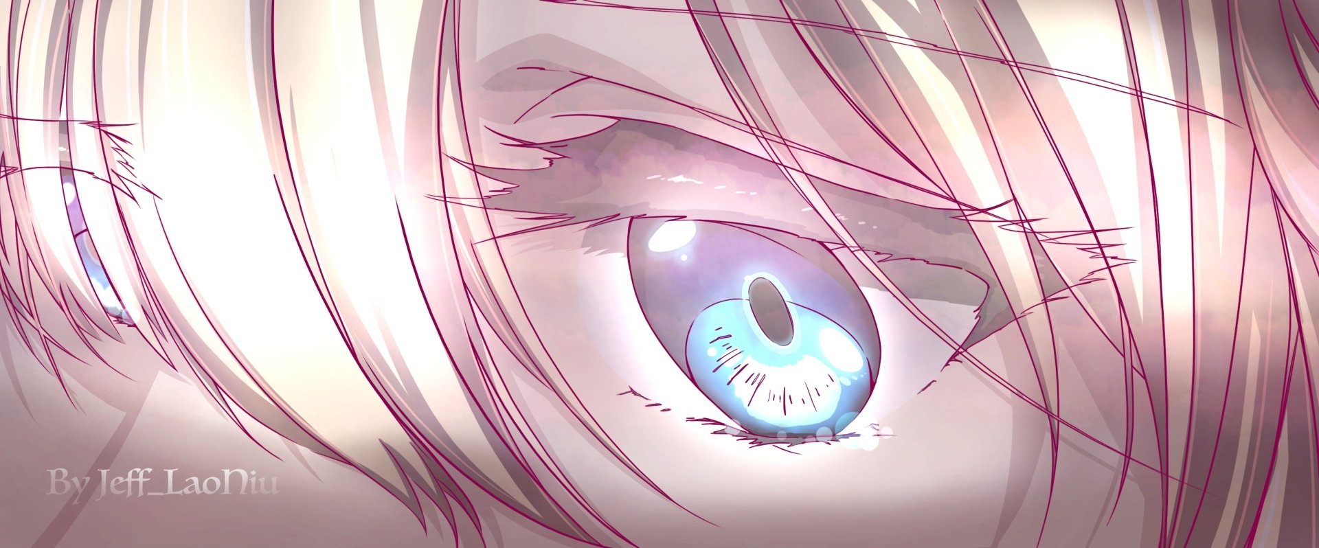 Close-up of Violet Evergarden's blue eye from the anime, featured in an HD PC desktop wallpaper and background.