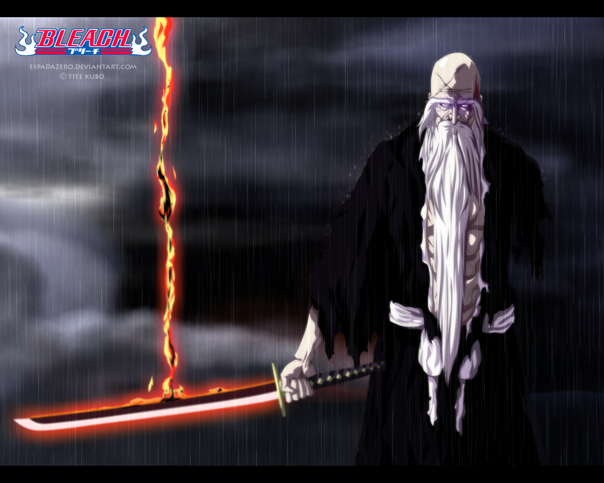 HD anime wallpaper featuring a white-haired, bearded character from Bleach holding a glowing sword in the rain, set against a dark, stormy background.