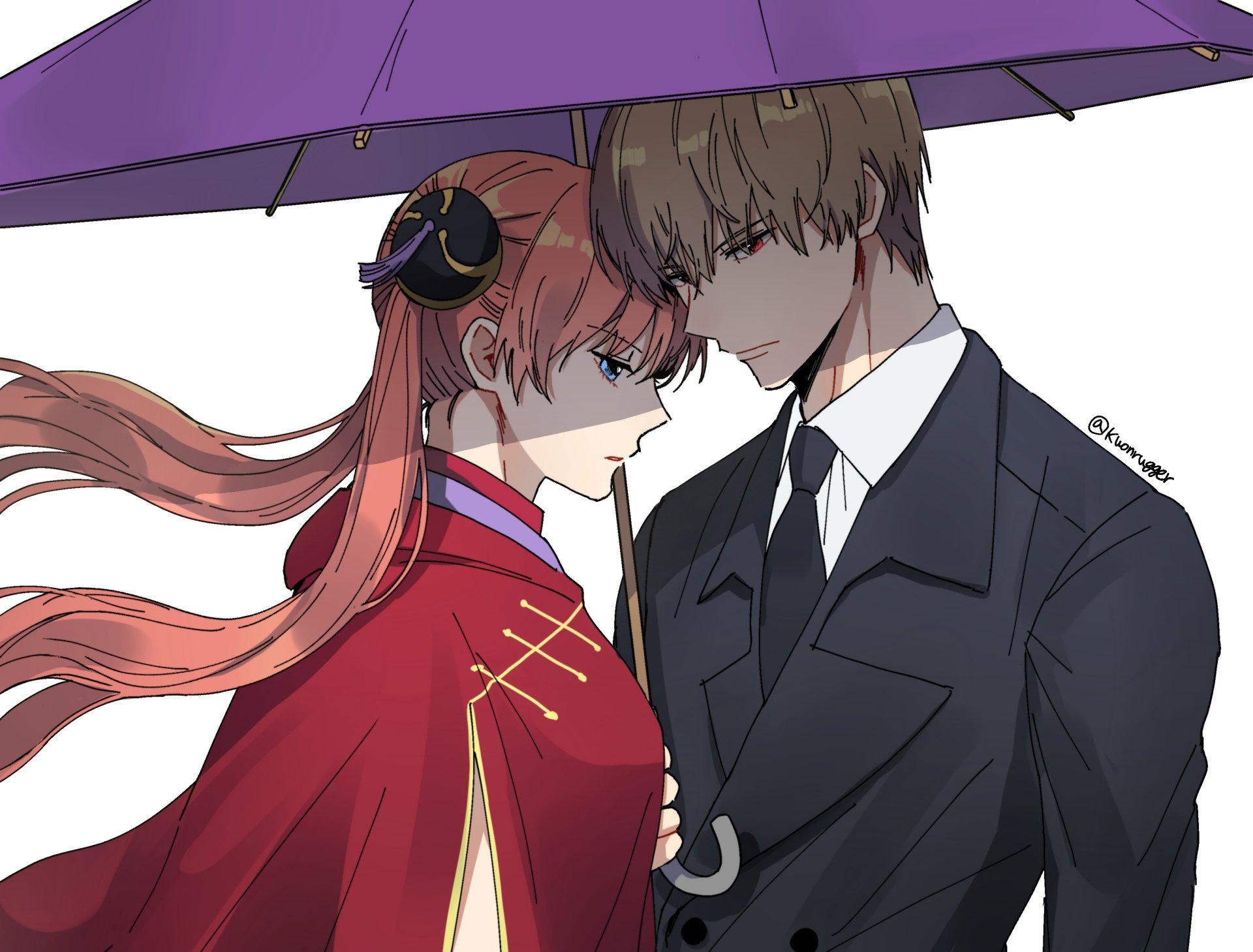 Okita Sougo and Kagura (Gintama) stand close under a purple umbrella, anime 2K Quad HD PC desktop wallpaper background.