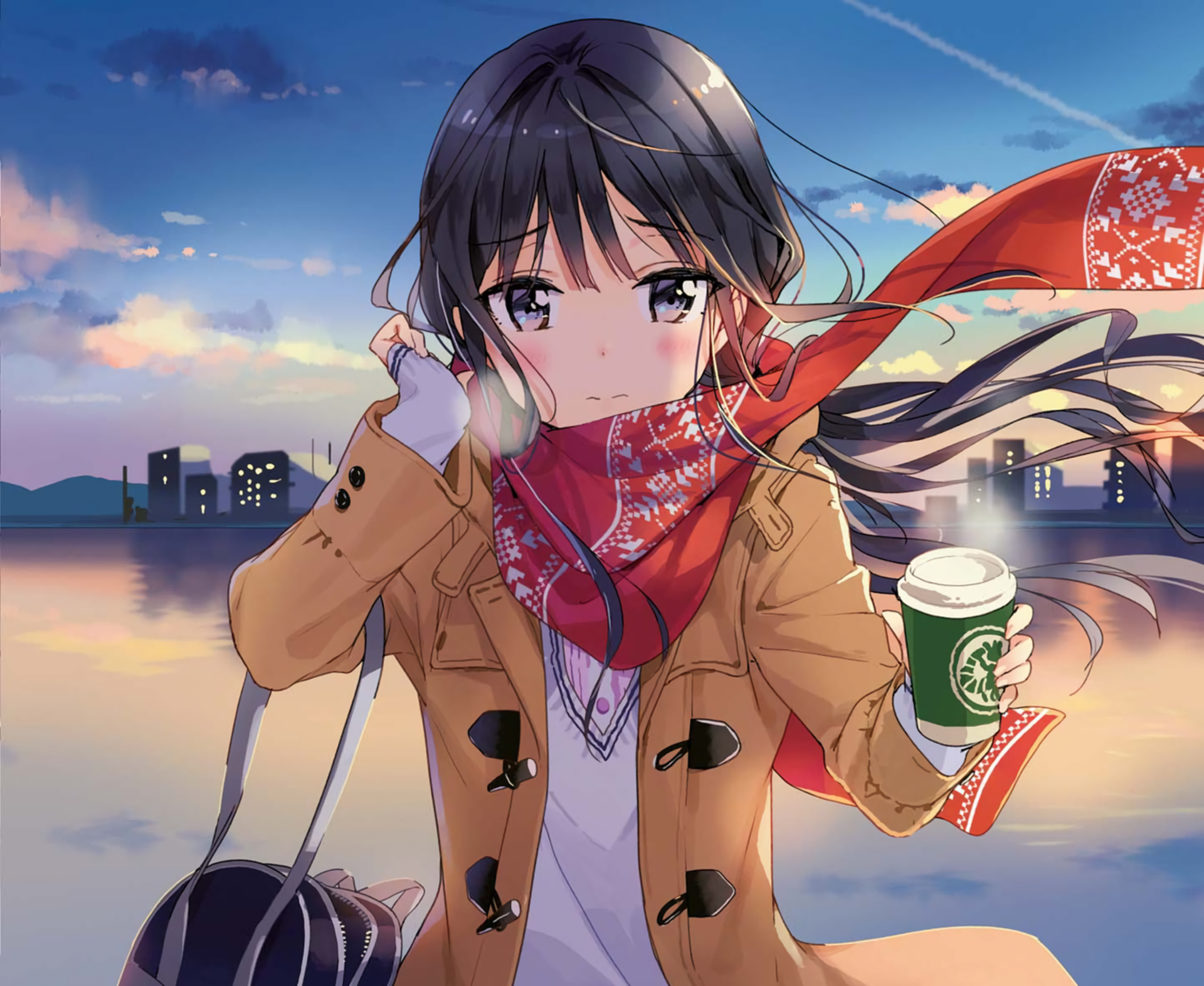 Aki Adagaki from Masamune-kun's Revenge stands by a waterfront at sunset, wearing a tan coat and red scarf, holding a cup of coffee in this HD anime desktop wallpaper.