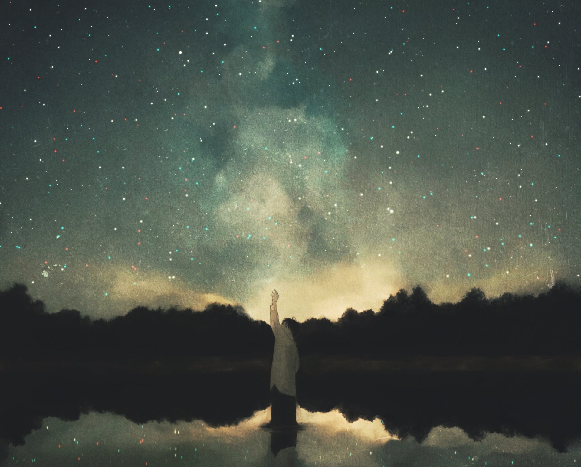 Anime-style HD desktop wallpaper of a solitary figure under a vast star-filled night sky, blending original art with a serene, dreamy atmosphere.