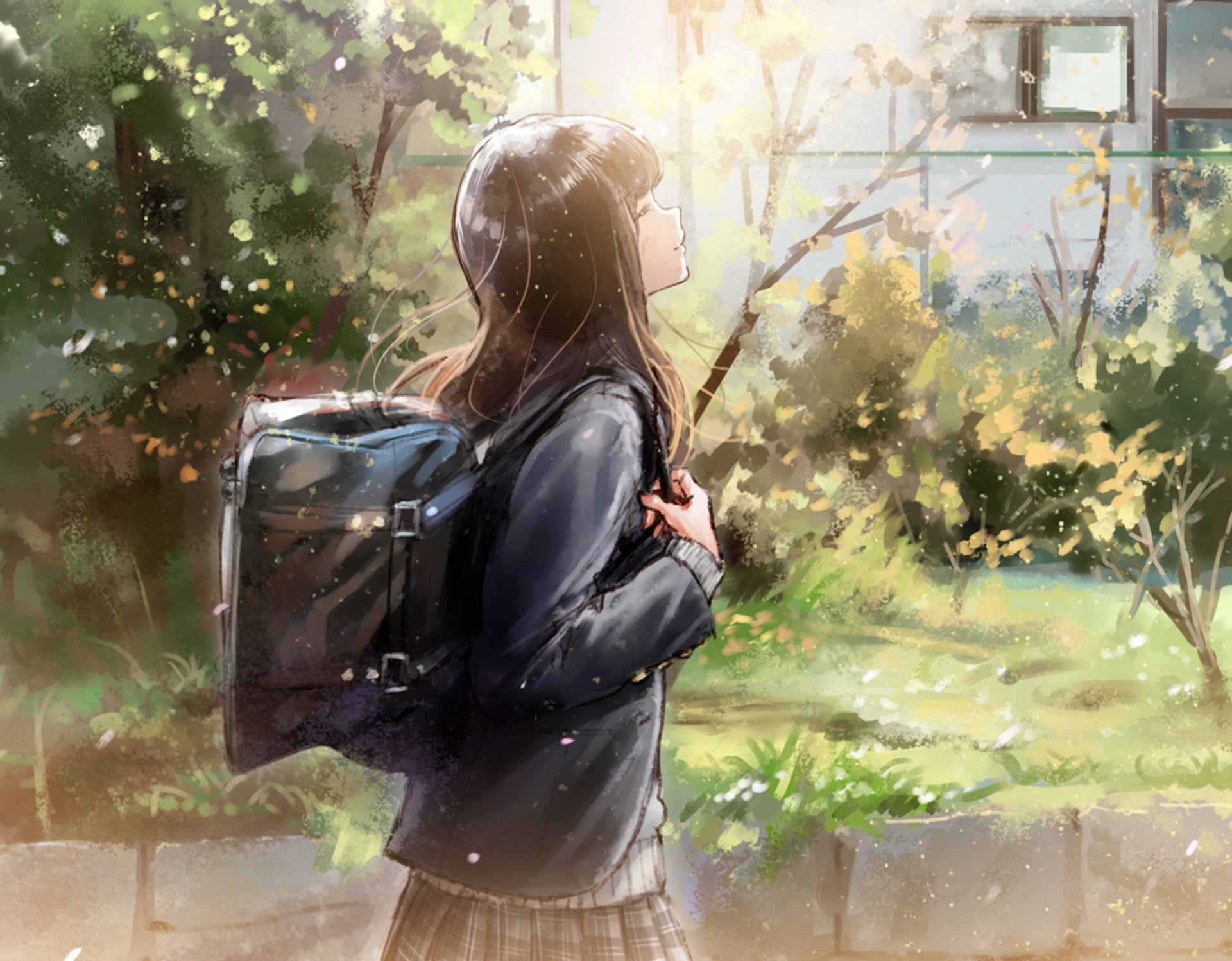 HD anime original artwork of a girl with long dark hair and a backpack, standing outdoors in sunlight with a blurred garden background, designed as a PC desktop wallpaper.