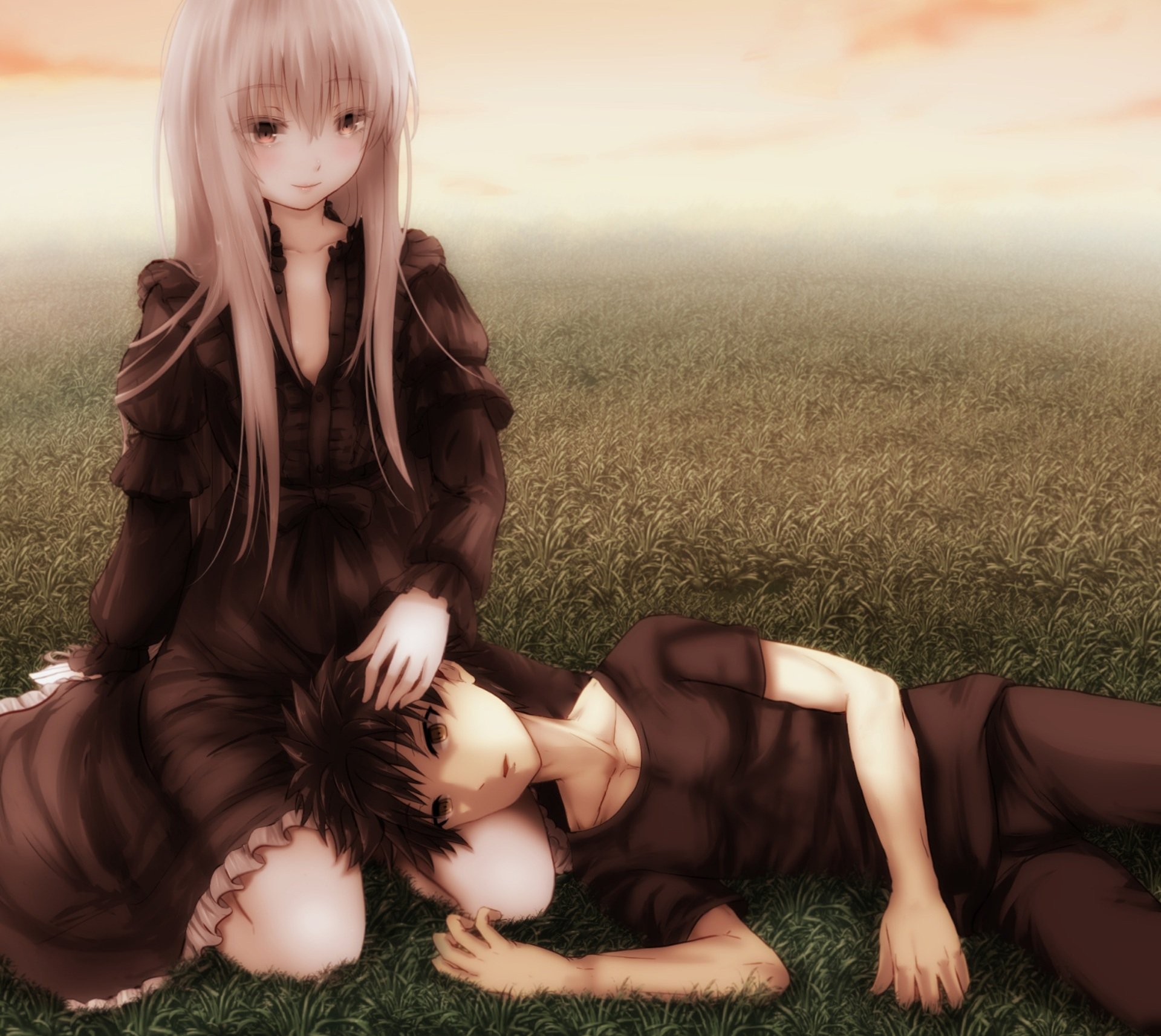 HD desktop wallpaper featuring Subaru Natsuki resting his head on Echidna's lap from the anime Re:Zero - Starting Life in Another World.