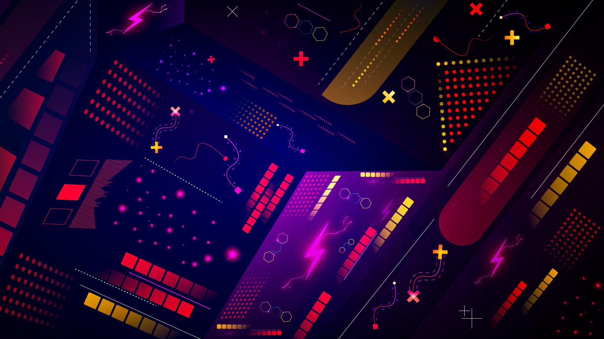 Artistic abstract 4K Ultra HD PC desktop wallpaper and background: neon geometric, circuitry-inspired shapes and glowing lines in purple, magenta, red and yellow on a dark field.