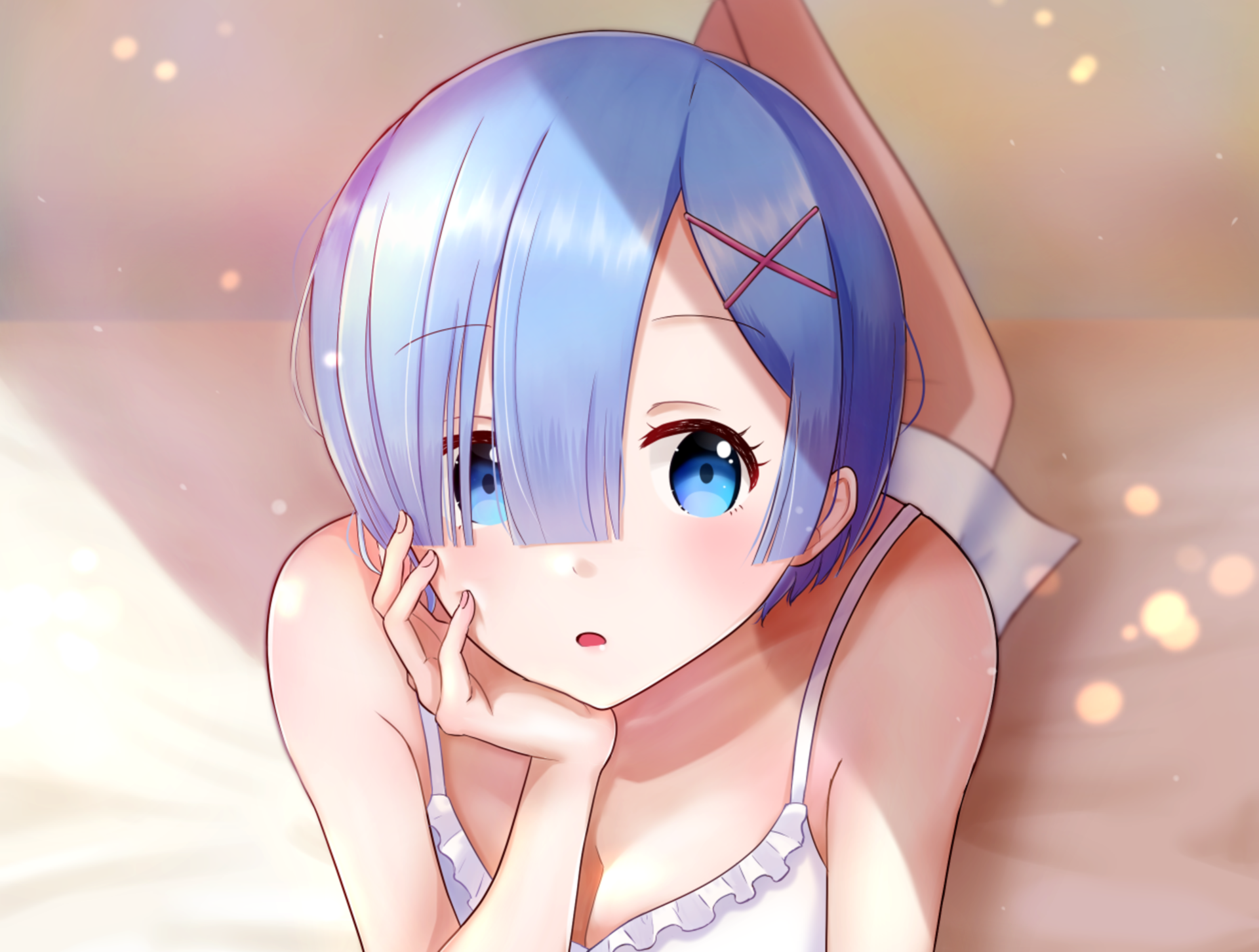 HD PC desktop wallpaper featuring Rem from the anime Re:Zero - Starting Life in Another World, showcasing her blue hair and expressive eyes in a soft, detailed style.