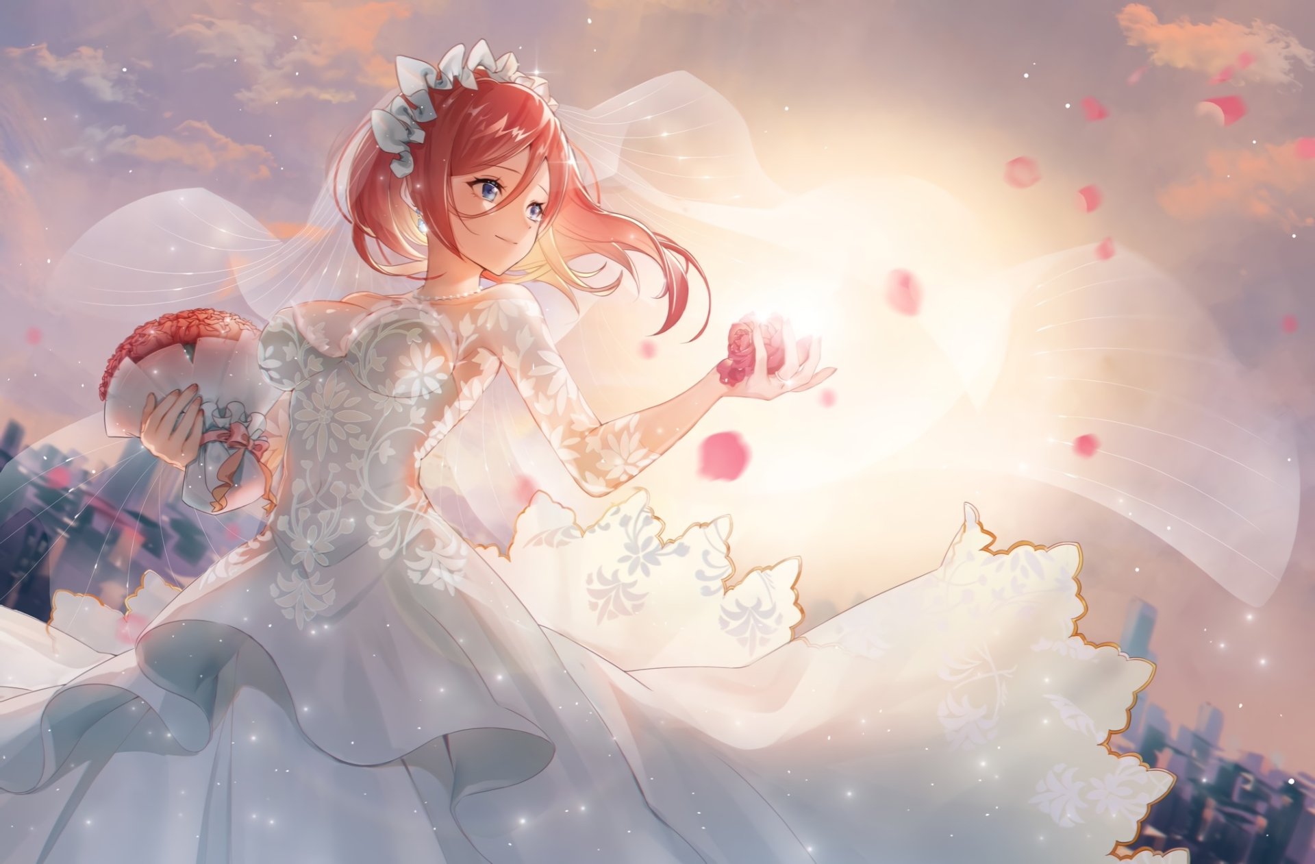 HD desktop wallpaper featuring Miku Nakano from the anime The Quintessential Quintuplets wearing a beautiful white gown amidst a dreamy, sunlit background with floating petals.