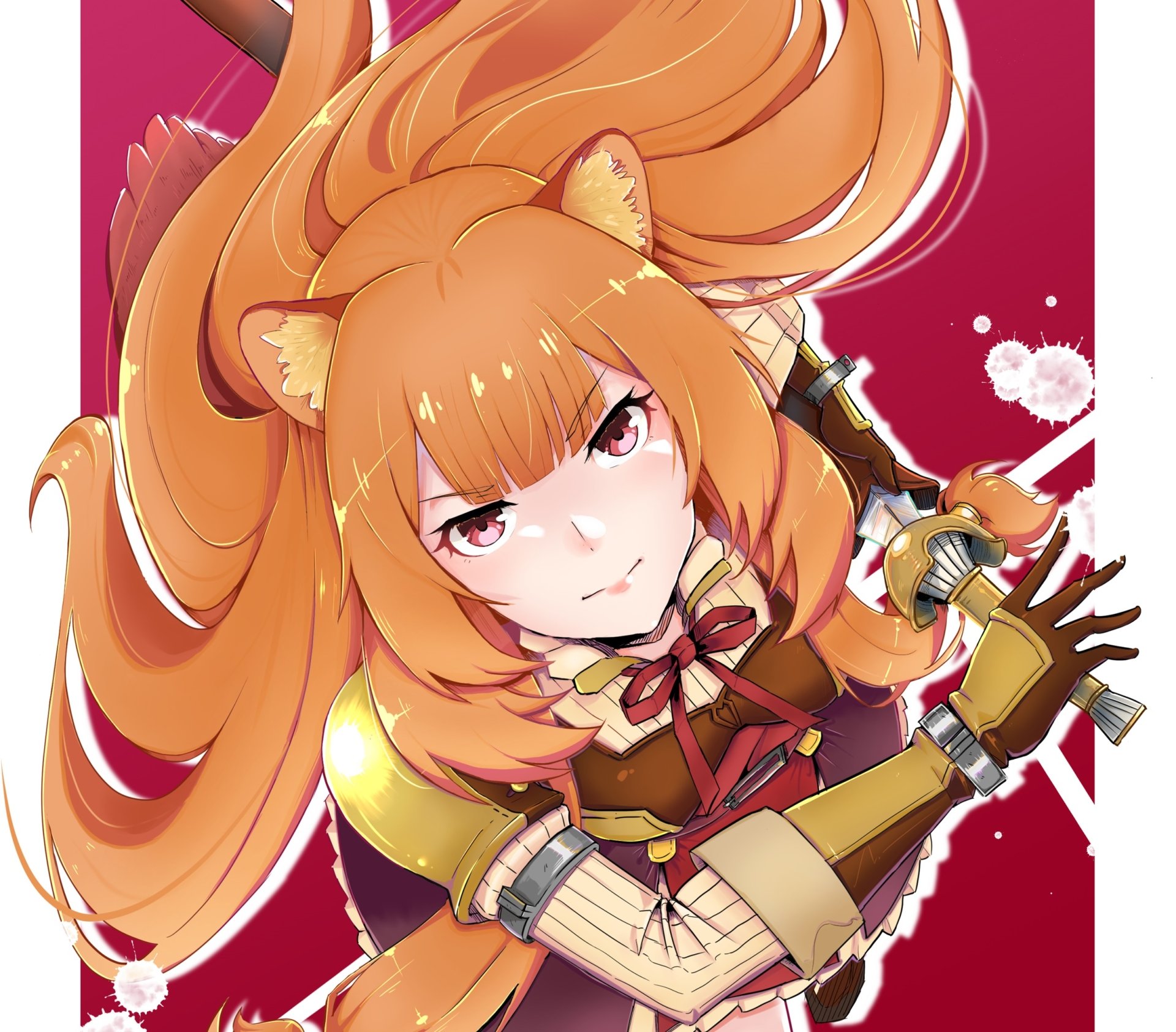 HD desktop wallpaper featuring Raphtalia from The Rising of the Shield Hero, an anime character with long auburn hair, fox-like ears, and determined red eyes against a red background.