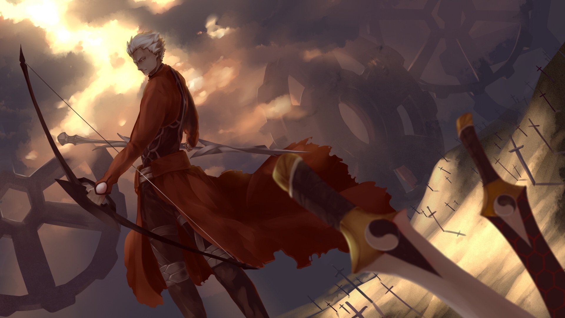 HD PC wallpaper featuring EMIYA, the Archer from Fate/Stay Night: Unlimited Blade Works, standing with bow amidst a dramatic, cloudy sky and floating swords.