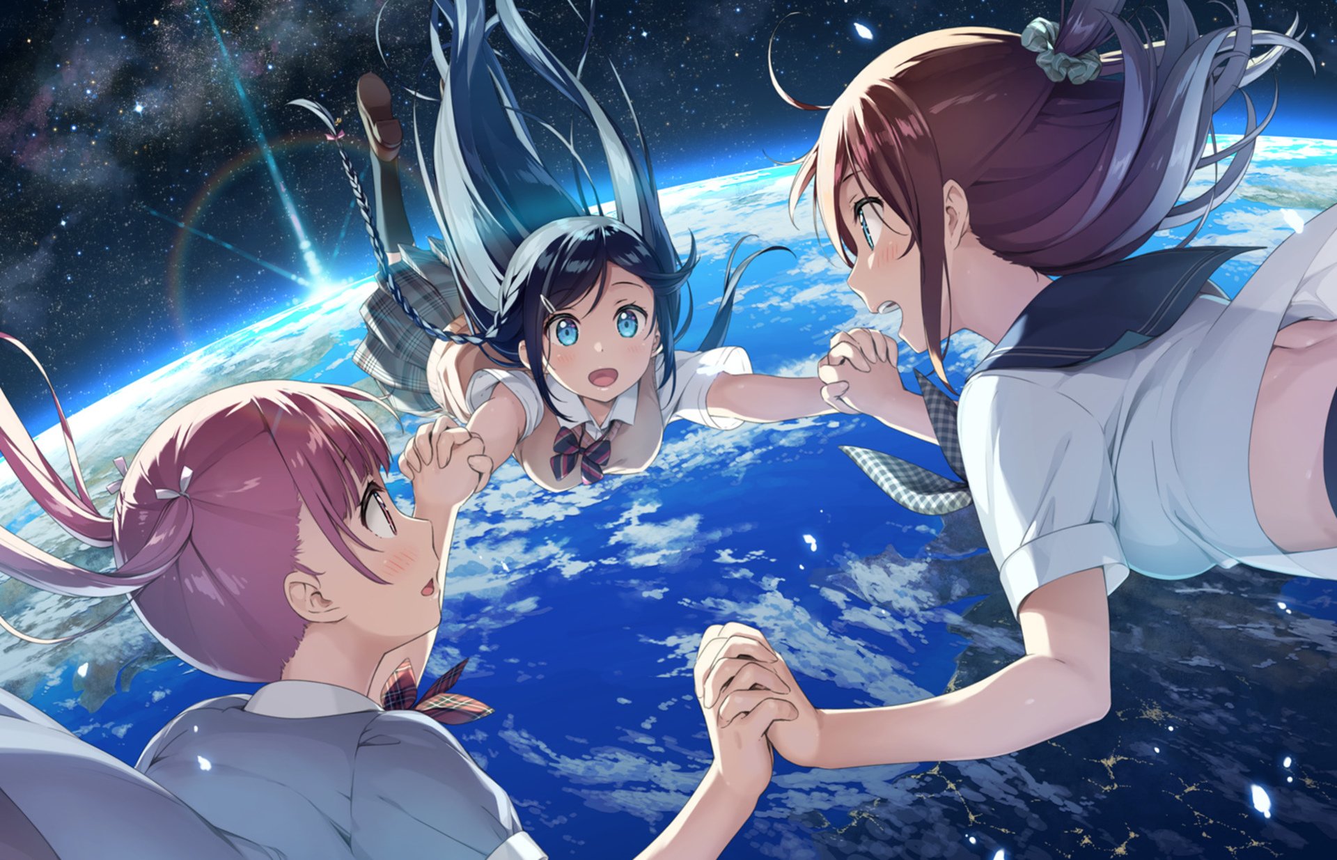 Anime girls floating in space, reaching for each other's hands with Earth in the background. HD desktop wallpaper and background.