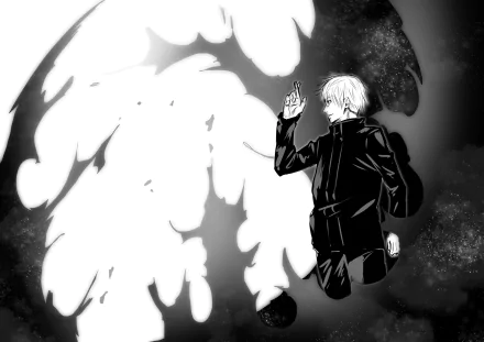 Monochrome HD anime wallpaper featuring Satoru Gojo from Jujutsu Kaisen with a striking dark background and glowing, ethereal white energy effects.