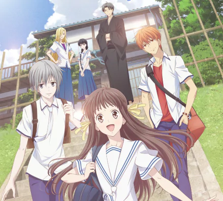 HD desktop wallpaper featuring animated characters from the anime Fruits Basket, with a cheerful girl in the foreground and several other characters in a school setting.