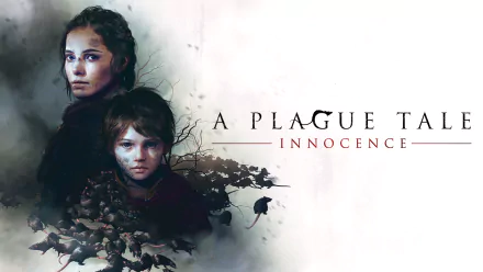 HD wallpaper featuring Amicia and Hugo de Rune from A Plague Tale: Innocence with a solemn, artistic backdrop.