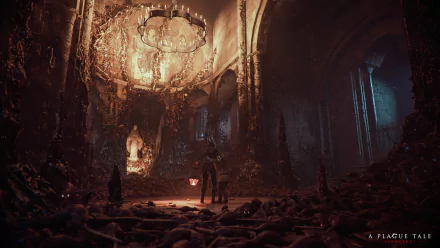 HD wallpaper from A Plague Tale: Innocence showcasing characters in a dim, rat-infested chamber with an illuminated chandelier.