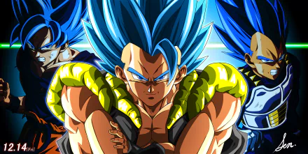 4K Ultra HD wallpaper featuring Gogeta in Super Saiyan Blue form, with Goku and Vegeta from Dragon Ball Super: Broly, showcasing intense anime energy and detail.