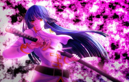 HD anime desktop wallpaper featuring Imai Nobume from Gintama, holding a katana with flowing dark hair against a vibrant pink and black floral background.