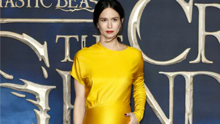 HD wallpaper featuring a person at a Fantastic Beasts event, posing confidently in a yellow dress against an ornate backdrop.