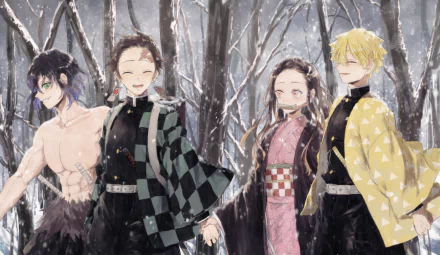 A beautiful HD wallpaper of Demon Slayer: Kimetsu no Yaiba, featuring Zenitsu Agatsuma, Nezuko Kamado, Tanjiro Kamado, and Inosuke Hashibira standing together in a snowy forest background.