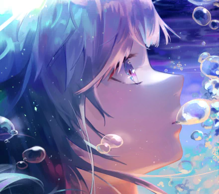 HD anime girl desktop wallpaper featuring a close-up side profile surrounded by glowing bubbles with a dreamy, underwater atmosphere.