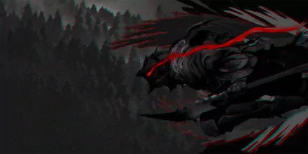 HD anime desktop wallpaper featuring Goblin Slayer in a dark forest, with striking red accents highlighting the character’s intense presence.